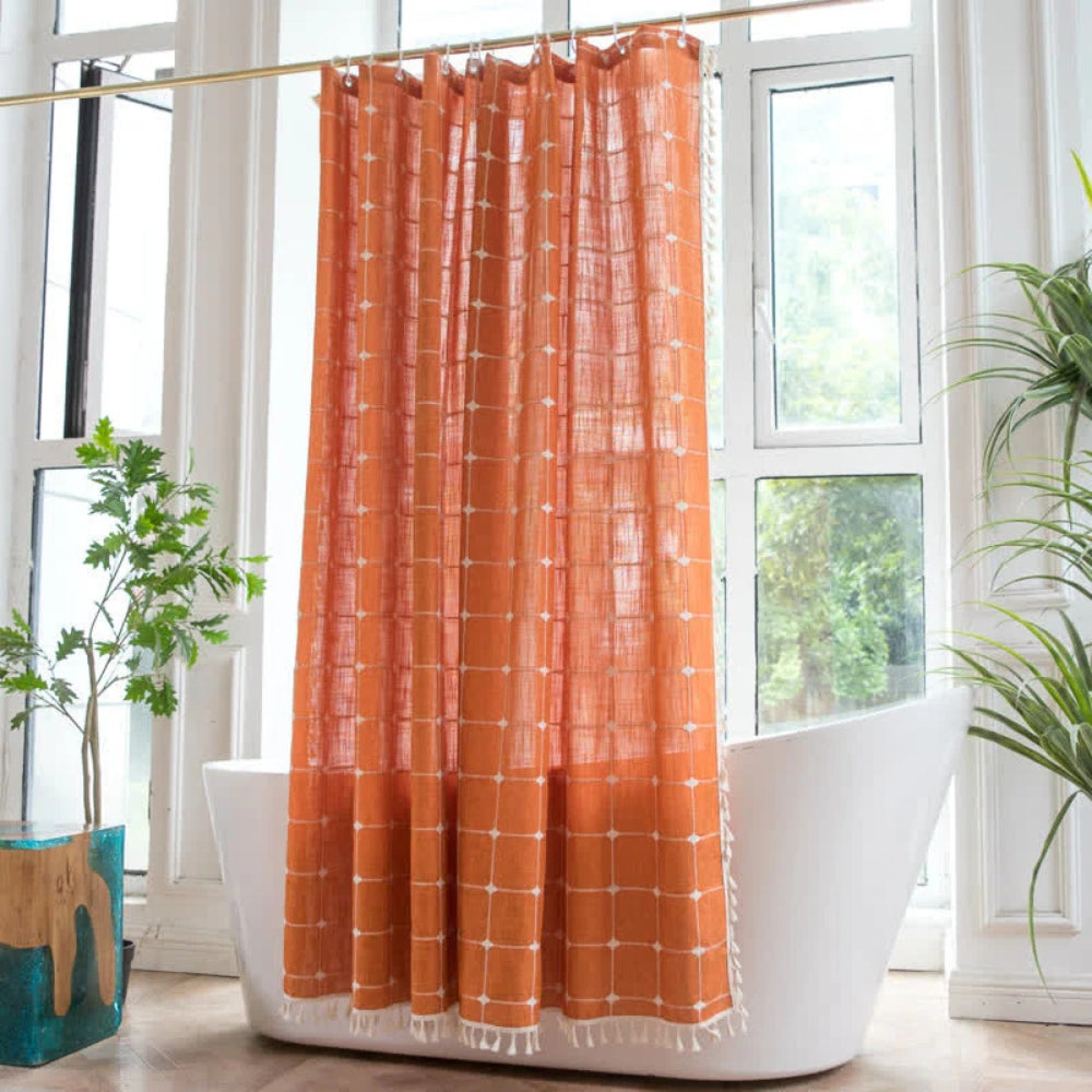 Waterproof Shower Curtain | Checkered Print with Fringes for Bathroom Decor