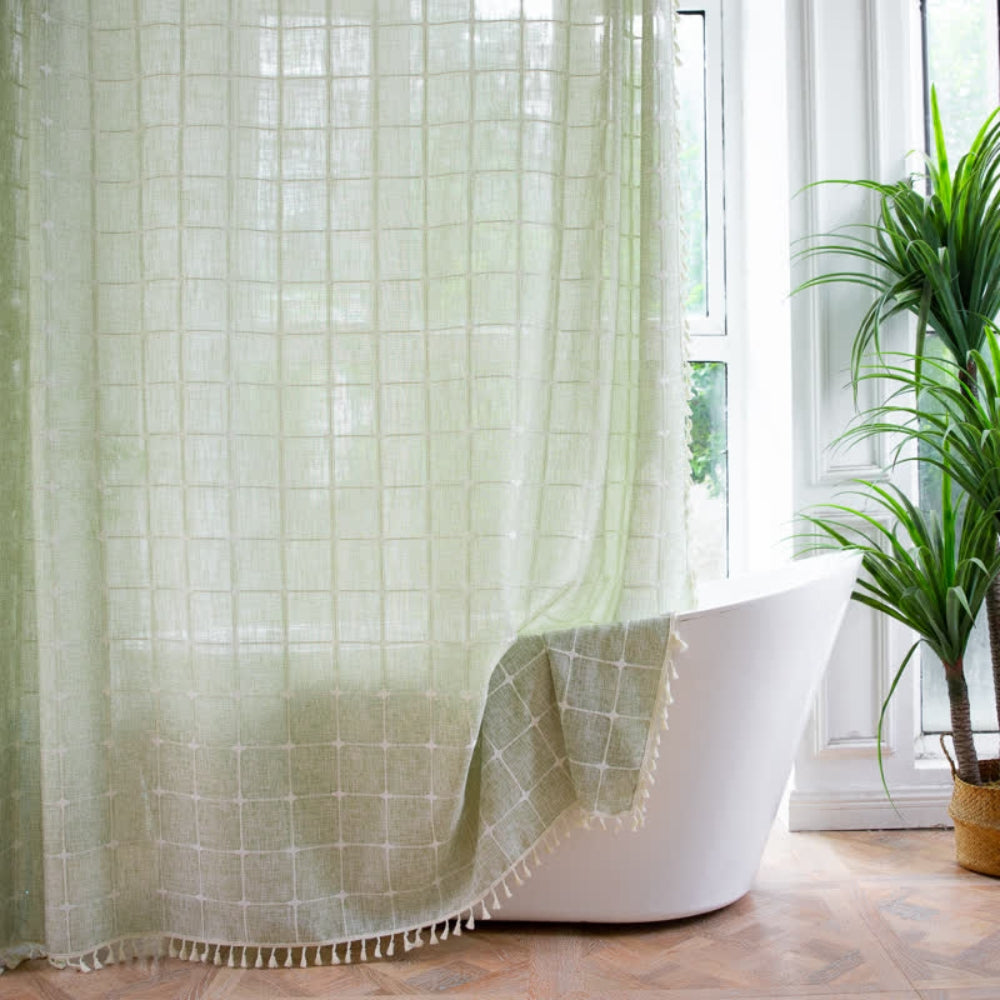 Waterproof Shower Curtain | Checkered Print with Fringes for Bathroom Decor