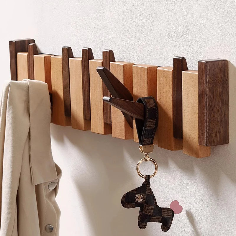 Luxyecs | Handmade Wooden Wall Coat Rack – Piano Style with Foldable Hooks