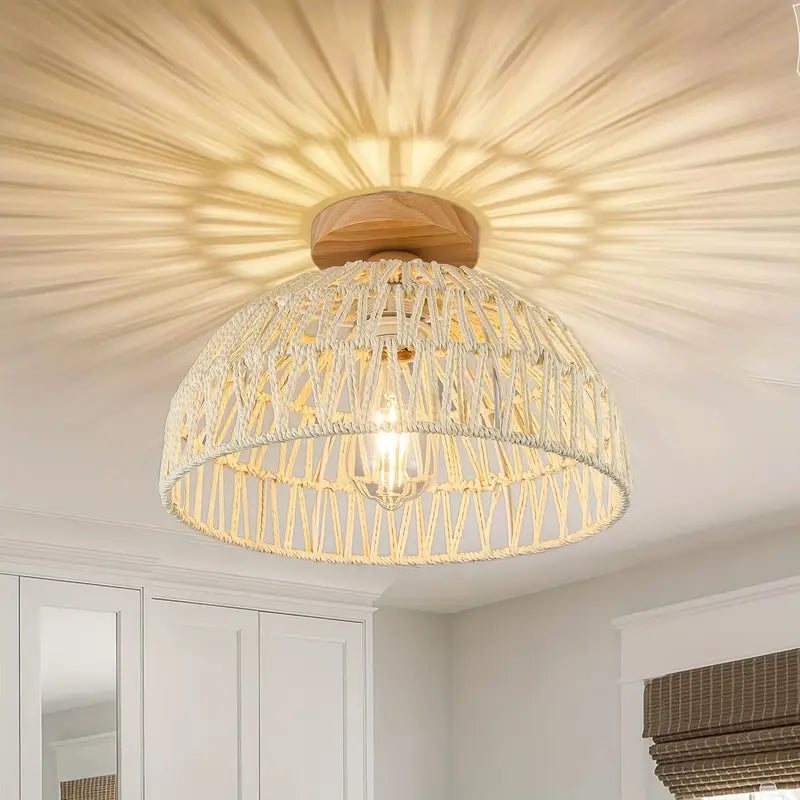 Boho Rattan Handwoven Ceiling Lamp with Wooden Base