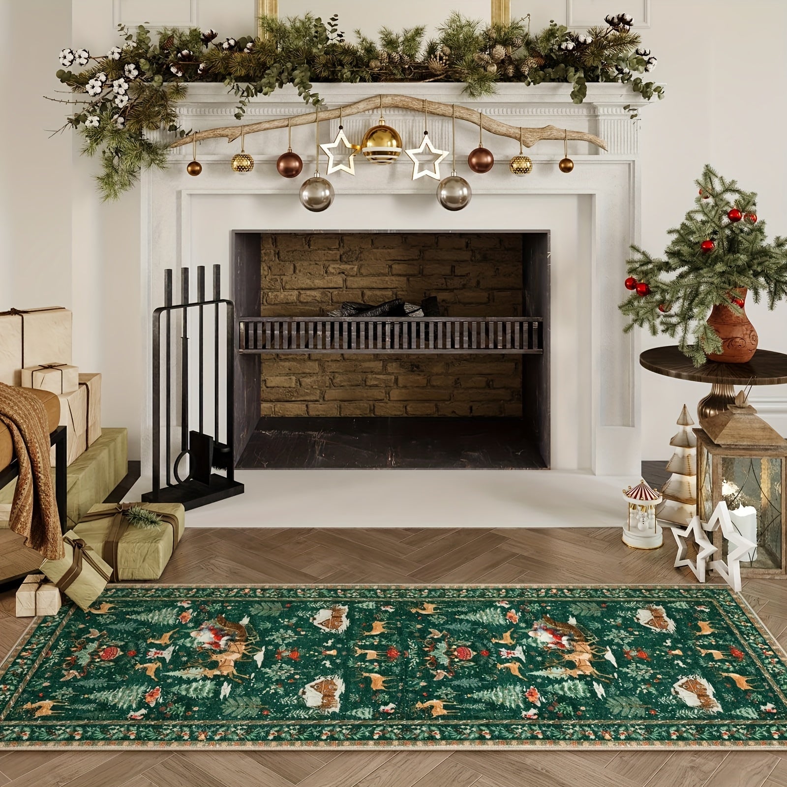 Christmas Hallway Rug | Santa Sleigh and Tree Design