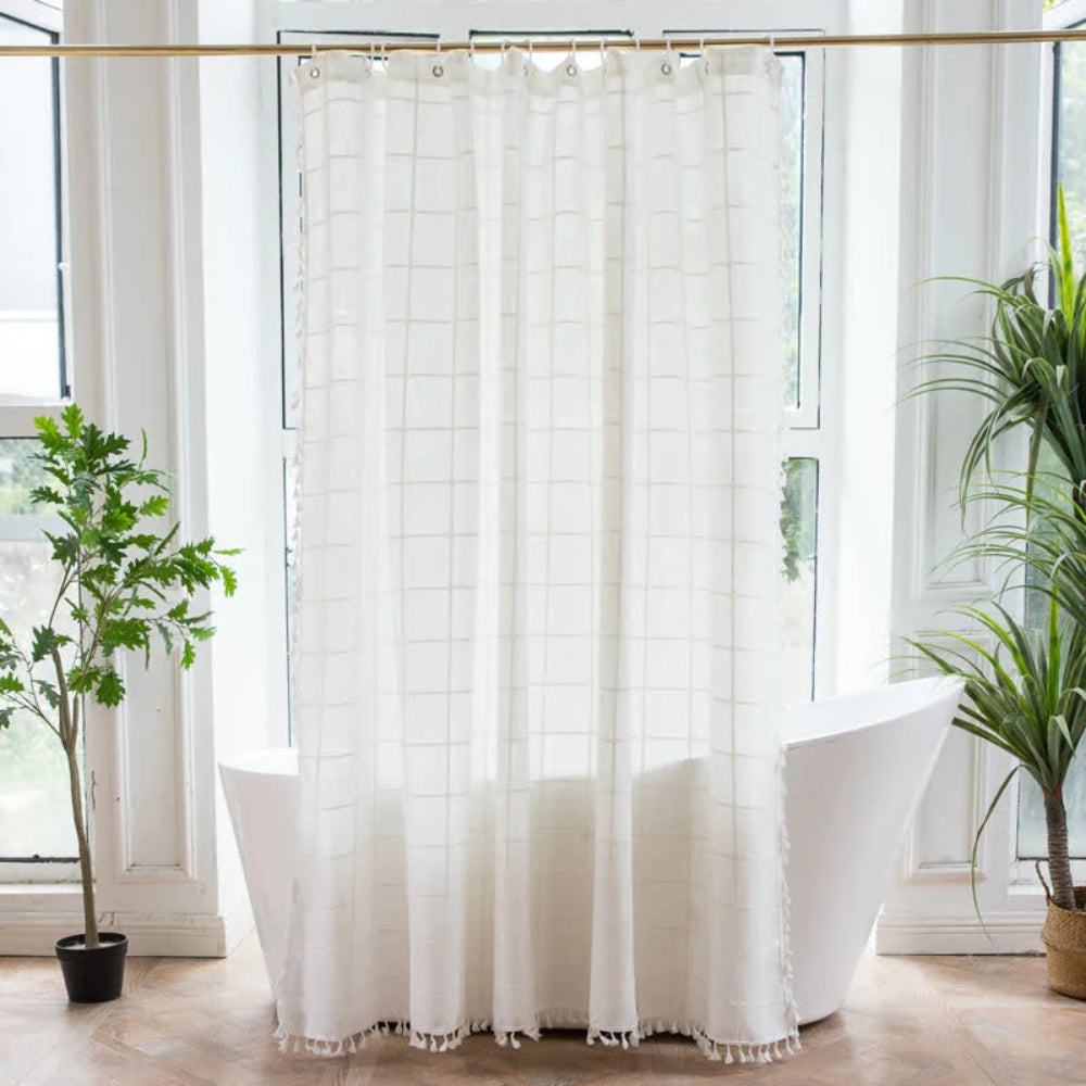 Waterproof Shower Curtain | Checkered Print with Fringes for Bathroom Decor