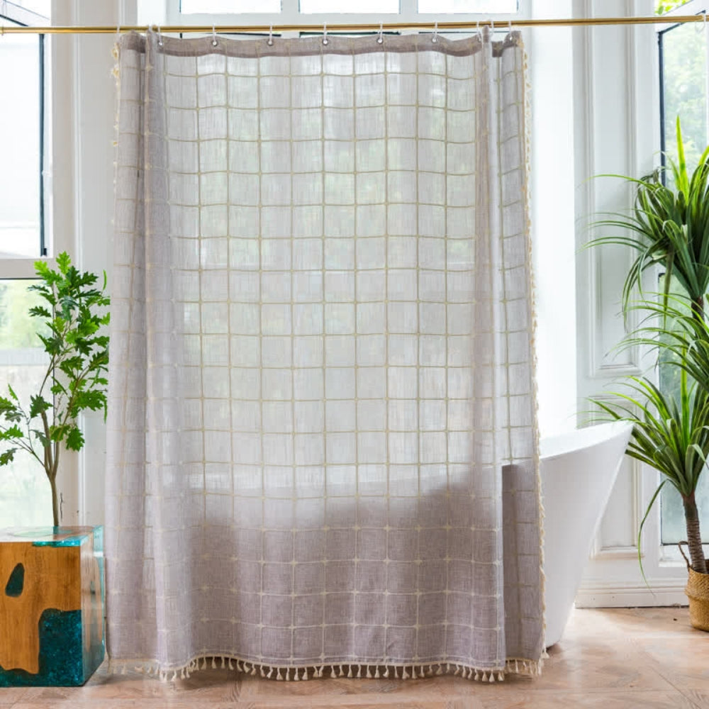 Waterproof Shower Curtain | Checkered Print with Fringes for Bathroom Decor