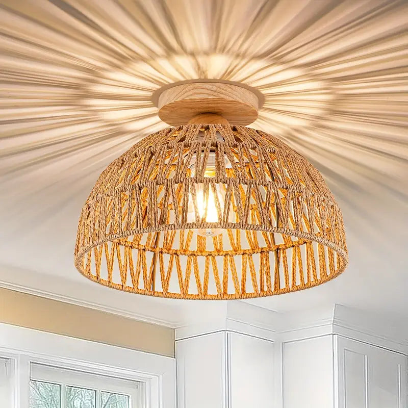Boho Rattan Handwoven Ceiling Lamp with Wooden Base