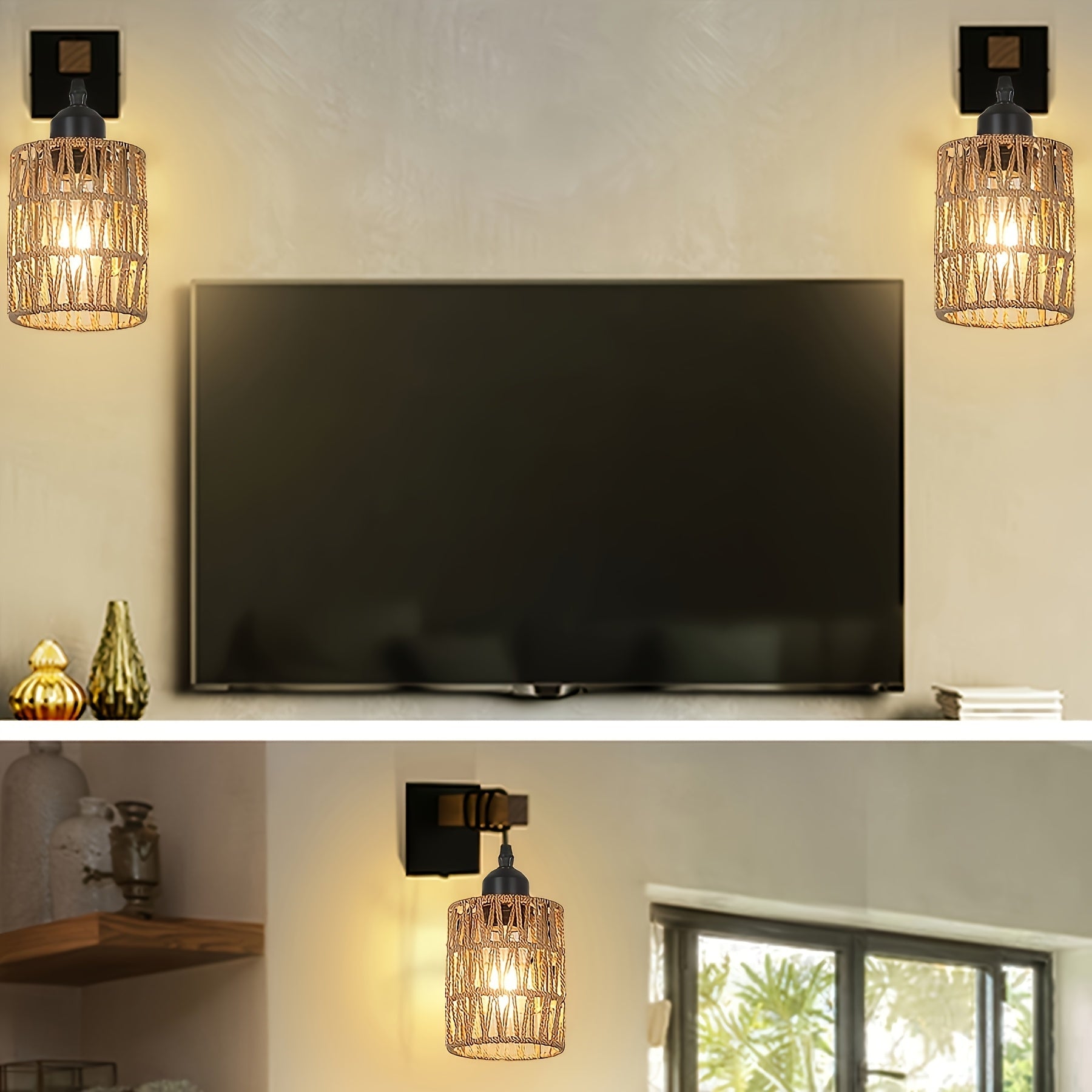 Boho Wall Lamp | Woven Rattan Wall Light for Bedroom