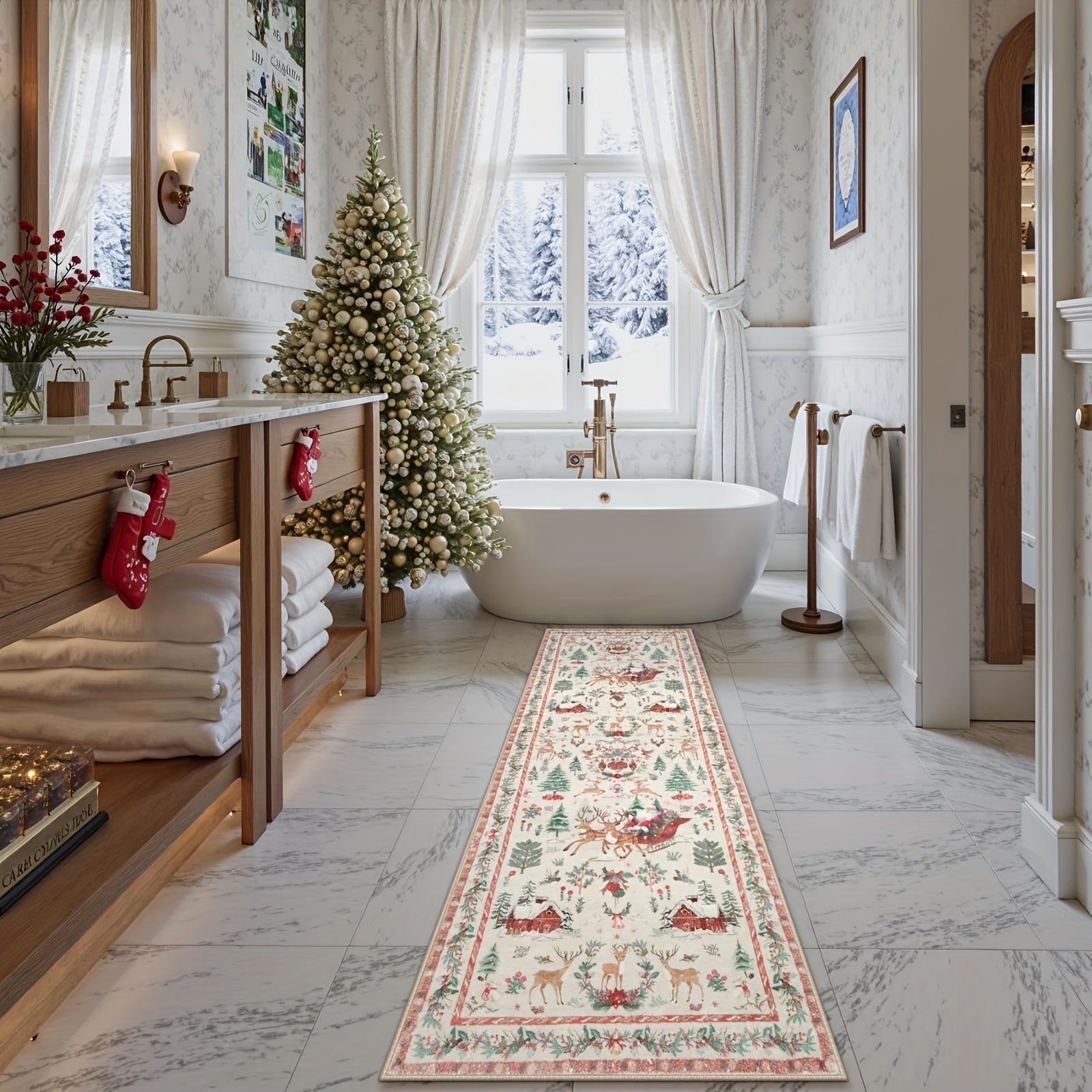 Christmas Hallway Rug | Santa Sleigh Pattern Home Decor
