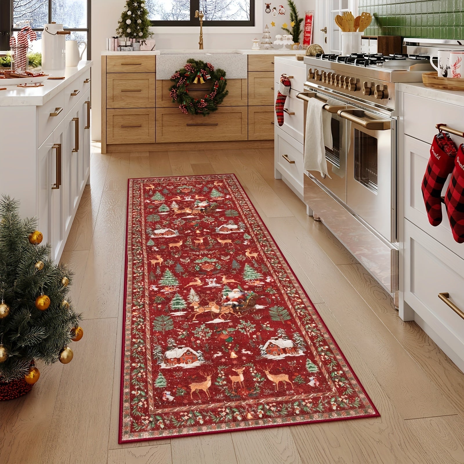 Christmas Hallway Rug | Santa Sleigh and Tree Design