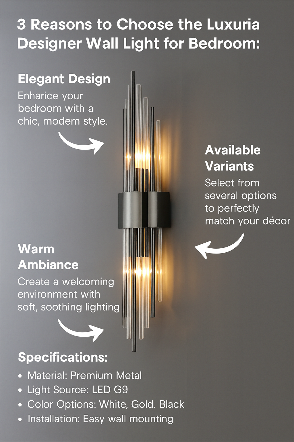 Luxuria Designer Wall Light for Bedroom – Sophisticated & Warm Atmosphere