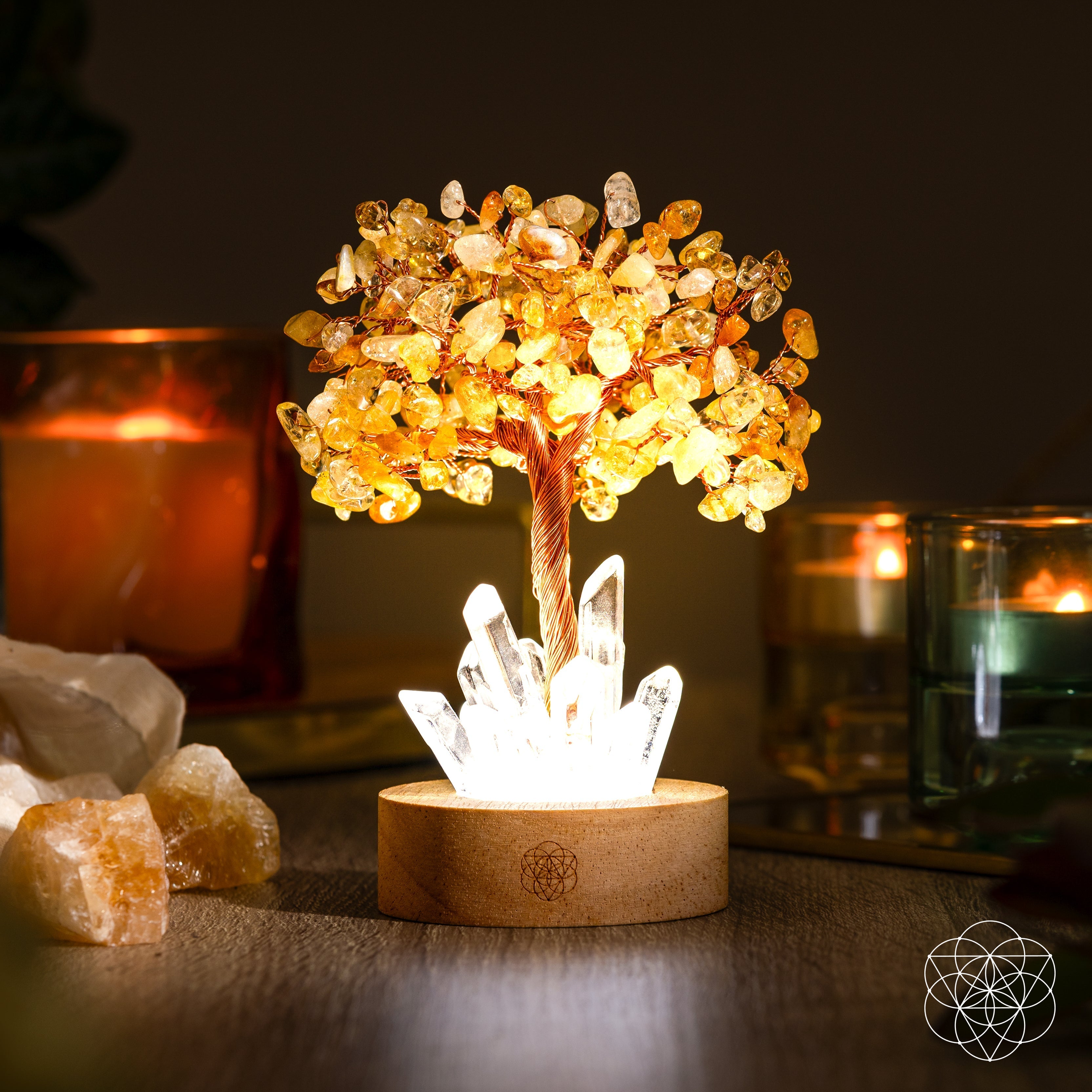 Golden Lamp of Wealth with Citrine Tree – Decorative LED Table Lamp for Home and Office