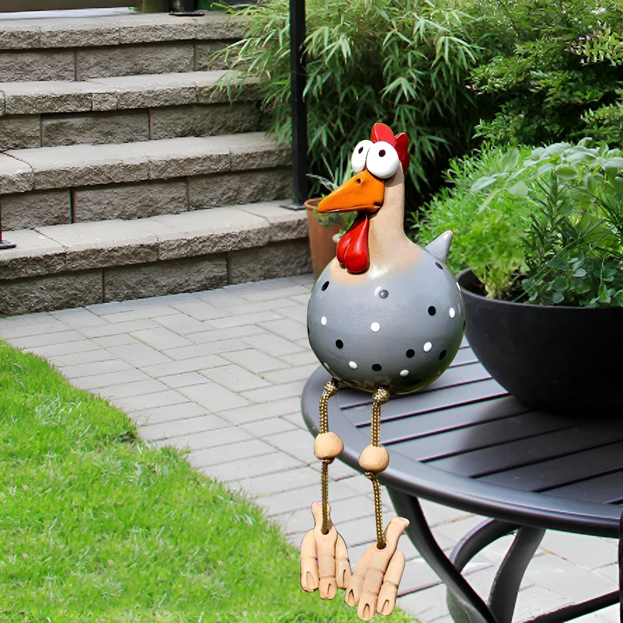 Funny Garden Chicken with Dangling Legs – Outdoor Decorative Ornament