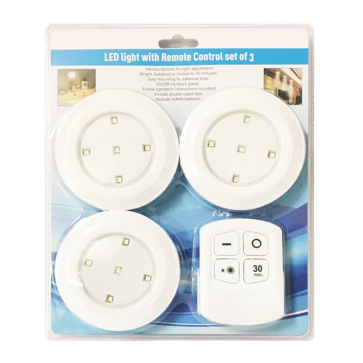 3-Pack Round LED Spotlights – Wireless, Dimmable, with Remote Control and Timer