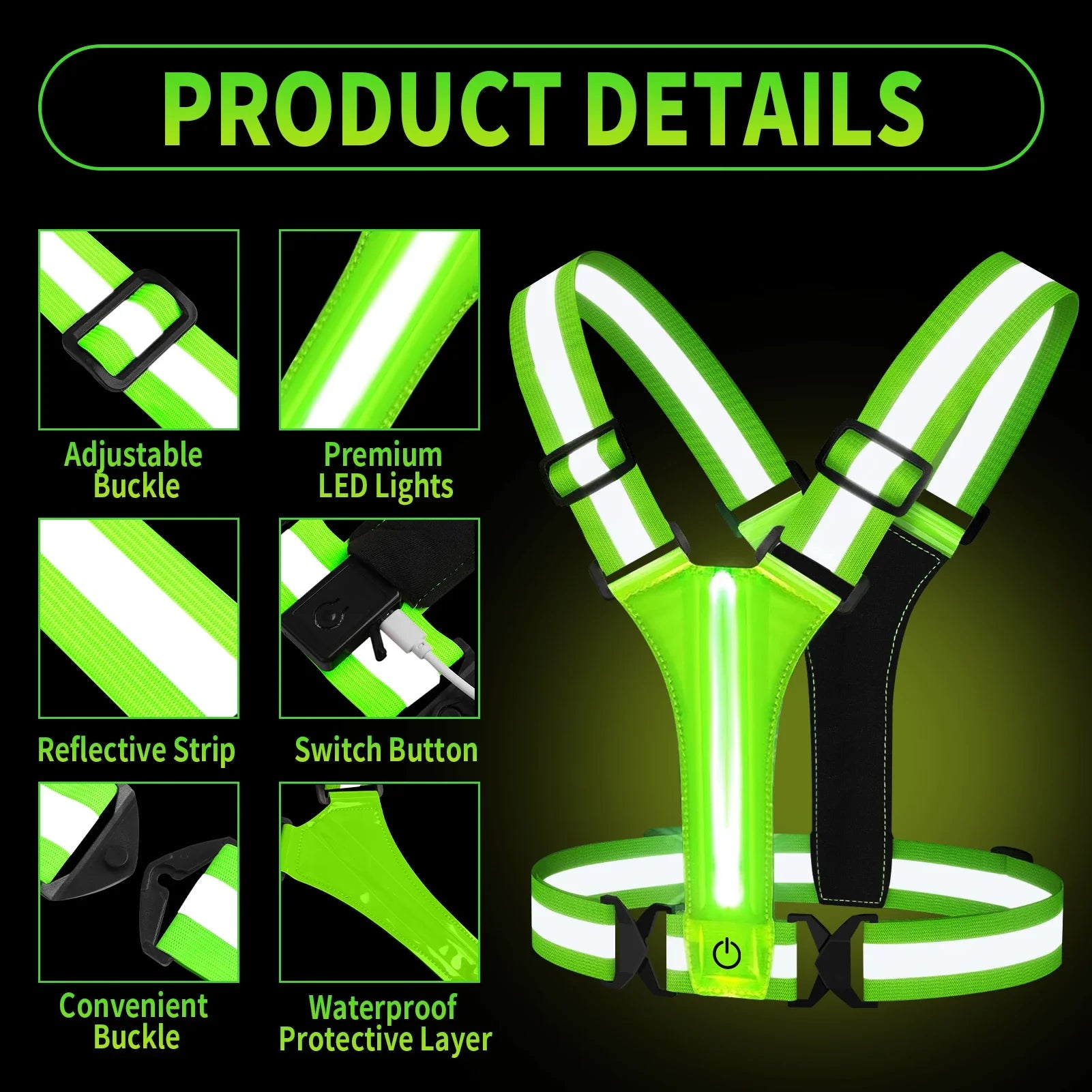 Rechargeable LED Running Vest | Reflective 360° Visibility | Unisex and Adjustable