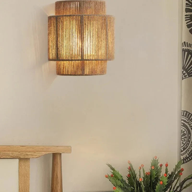 Woven Rattan Bedside Wall Lamp – Warm Vintage Elegance