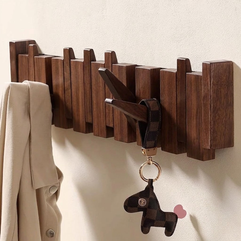 Luxyecs | Handmade Wooden Wall Coat Rack – Piano Style with Foldable Hooks