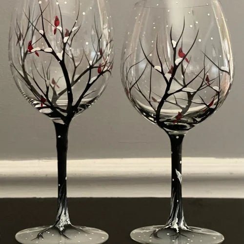 Four Seasons Tree Wine Glasses Hand - Painted Artistic Design For Elegant Sipping - Luxyecs