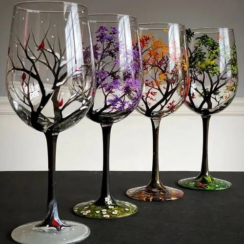 Four Seasons Tree Wine Glasses Hand - Painted Artistic Design For Elegant Sipping - Luxyecs