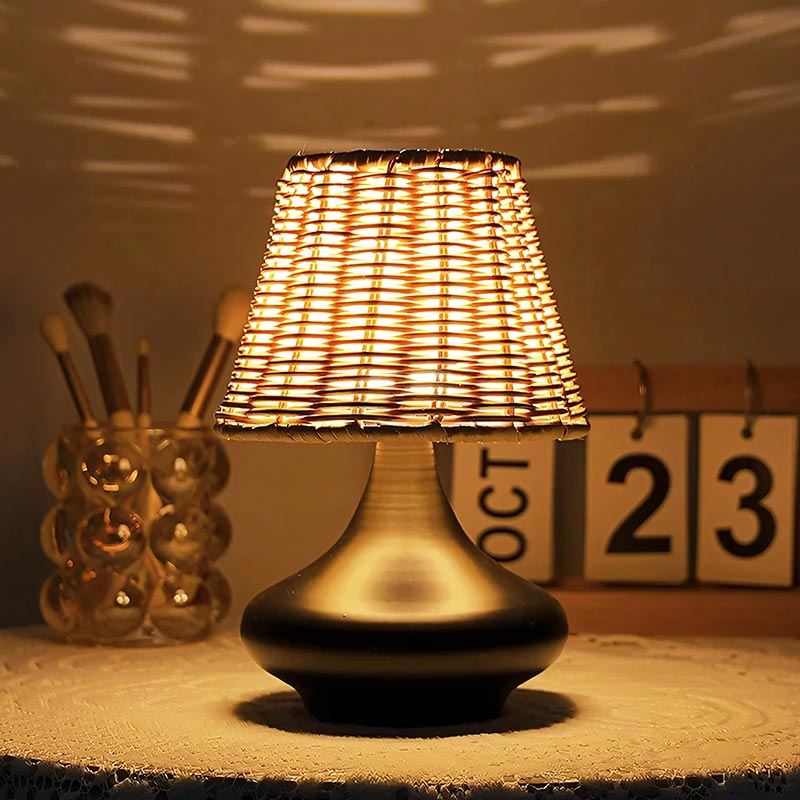 Rattan and Black Bedside Lamp – Timeless Natural Elegance