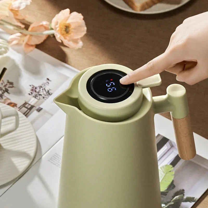 Thermal Jug with Temperature Display | Wooden Handle Insulated Water Pitcher