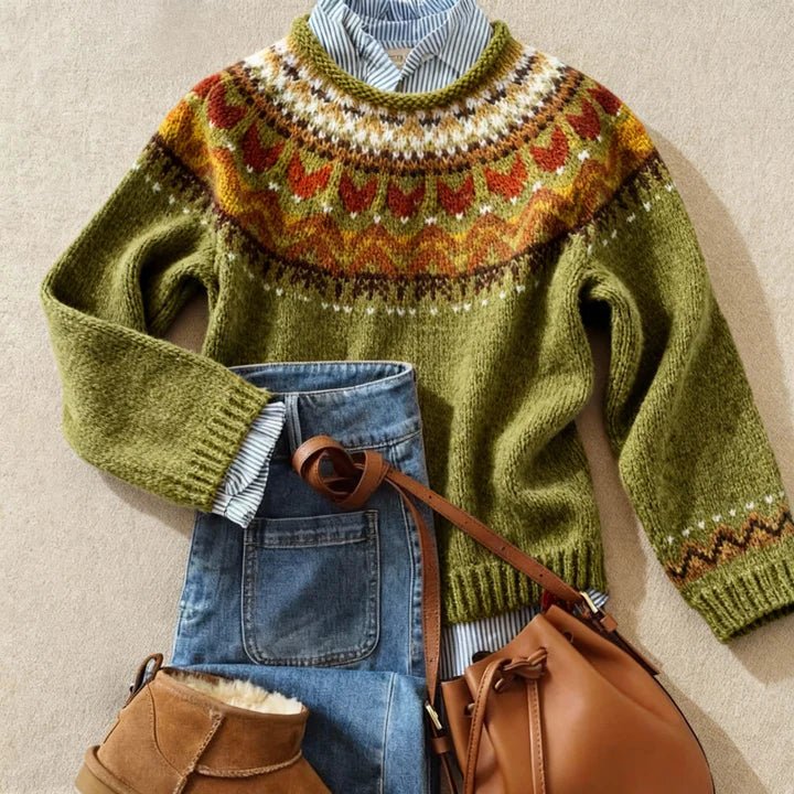 Women’s Knit Sweater | Nordic Pattern Crewneck Pullover - Luxyecs