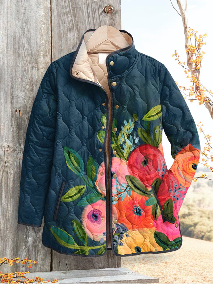 Women’s Quilted Jacket | Floral Print Casual Outerwear - Luxyecs