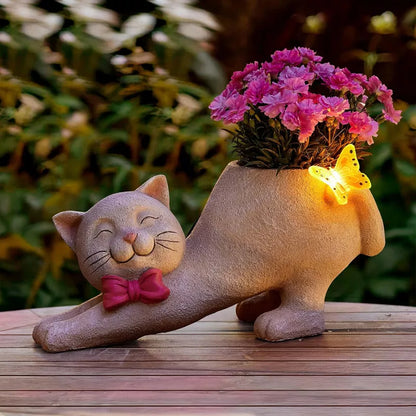 Solar Powered Cat Statue with Flower Pot and Butterfly Light