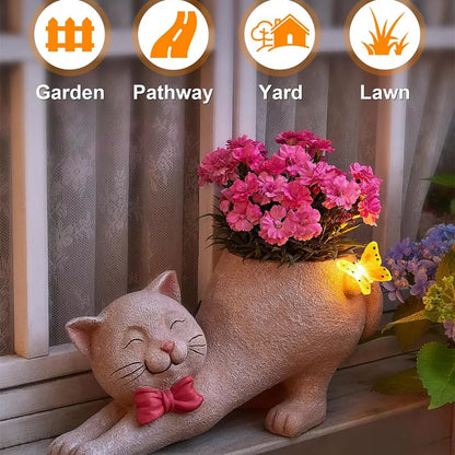 Solar Powered Cat Statue with Flower Pot and Butterfly Light