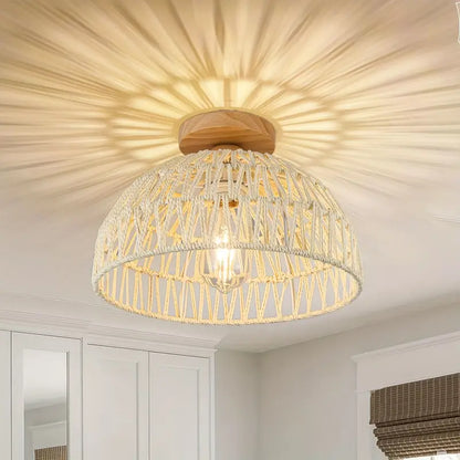 Boho Rattan Handwoven Ceiling Lamp with Wooden Base