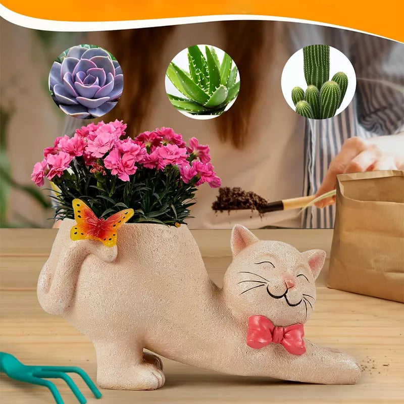 Solar Powered Cat Statue with Flower Pot and Butterfly Light