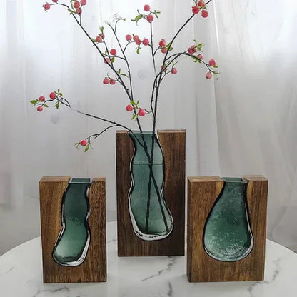 Delira Scandinavian Glass Vase | Minimalistic Wood and Glass Design