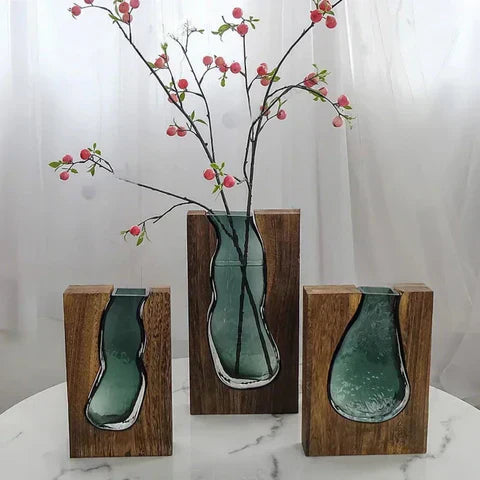 Delira Scandinavian Glass Vase | Minimalistic Wood and Glass Design