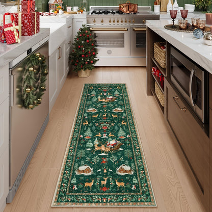 Christmas Hallway Rug | Santa Sleigh and Tree Design