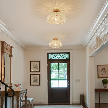 Boho Rattan Handwoven Ceiling Lamp with Wooden Base