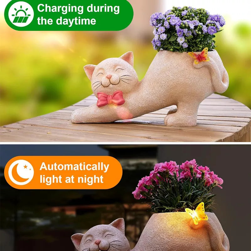 Solar Powered Cat Statue with Flower Pot and Butterfly Light