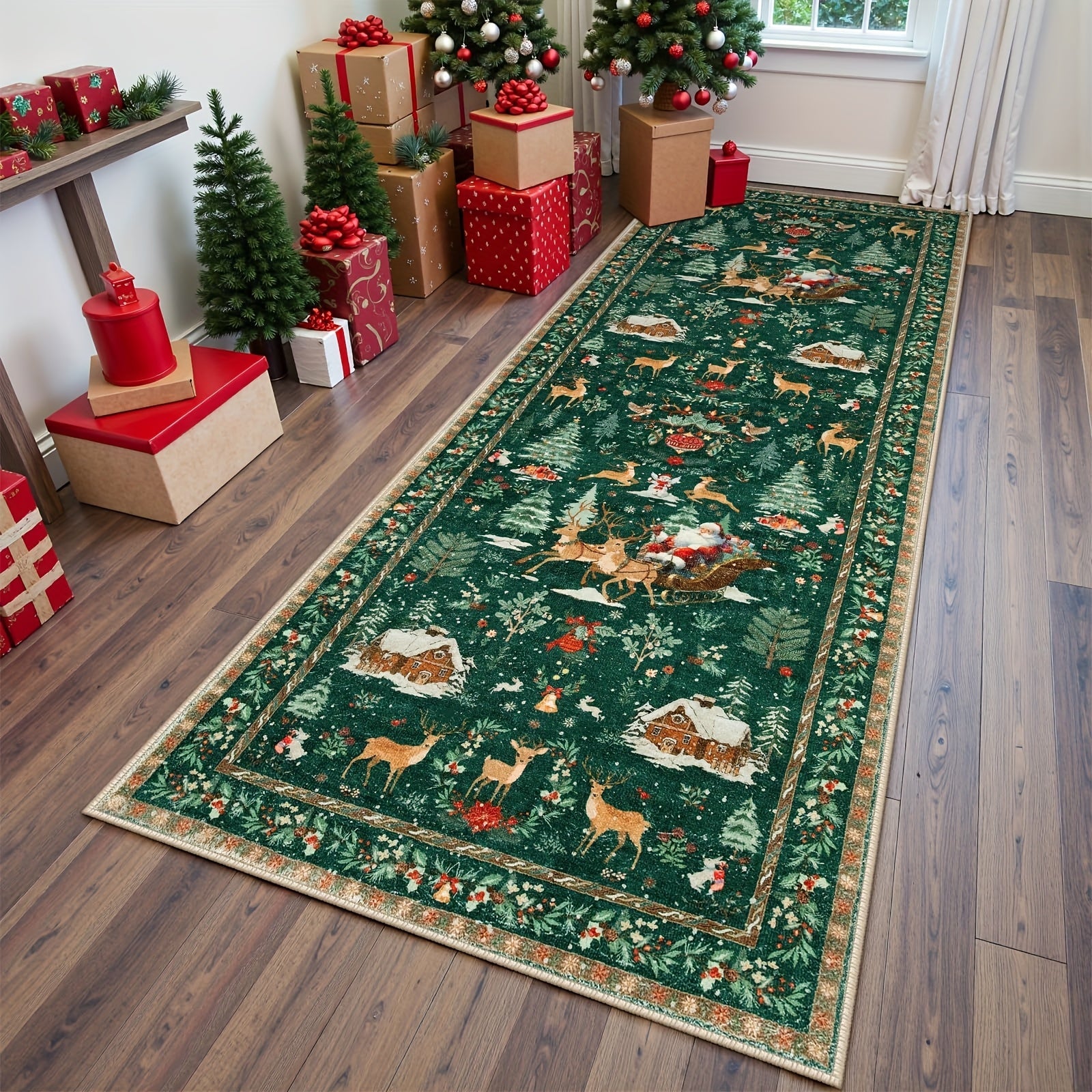 Christmas Hallway Rug | Santa Sleigh and Tree Design