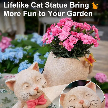 Solar Powered Cat Statue with Flower Pot and Butterfly Light