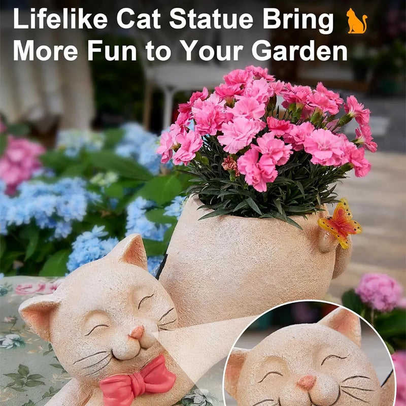 Solar Powered Cat Statue with Flower Pot and Butterfly Light