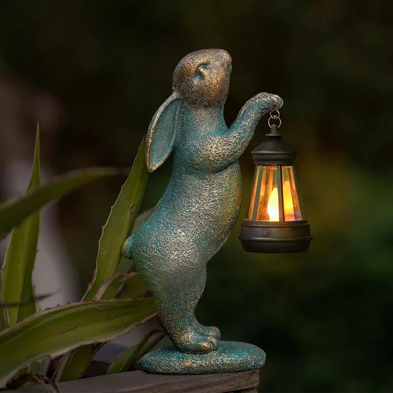 Garden Statues Rabbit with Solar Lantern Lights Outdoor Bunny Figurines Decorations