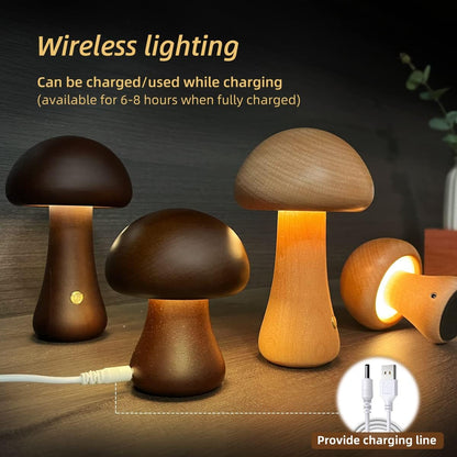 LUMONIGHT | Wooden Mushroom LED Night Light with Touch Switch | Atmospheric Lighting | Child Friendly Lamp