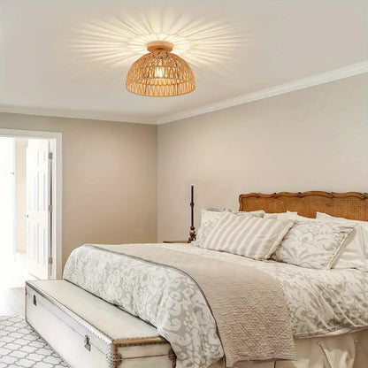 Boho Rattan Handwoven Ceiling Lamp with Wooden Base