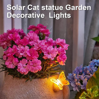 Solar Powered Cat Statue with Flower Pot and Butterfly Light