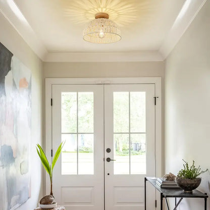 Boho Rattan Handwoven Ceiling Lamp with Wooden Base