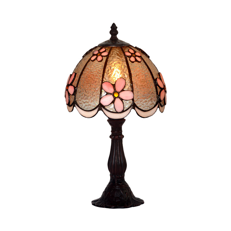 Scalloped-Trim Dome Table Lamp Tiffany Ice Clear Glass Single White/Coffee Night Light with Flower Pattern