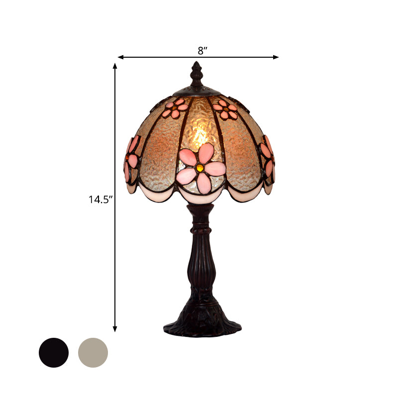 Scalloped-Trim Dome Table Lamp Tiffany Ice Clear Glass Single White/Coffee Night Light with Flower Pattern