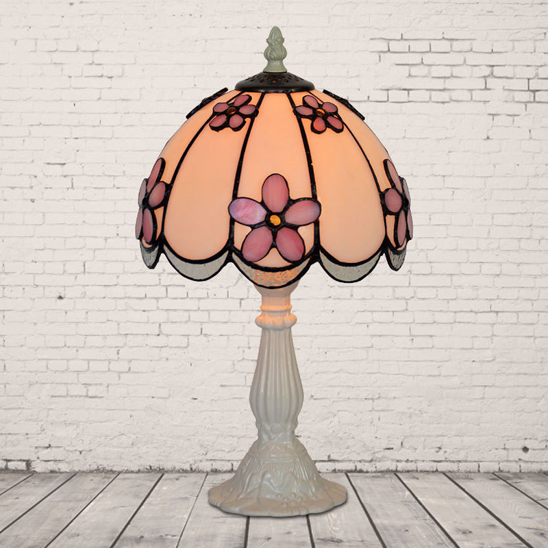 Scalloped-Trim Dome Table Lamp Tiffany Ice Clear Glass Single White/Coffee Night Light with Flower Pattern