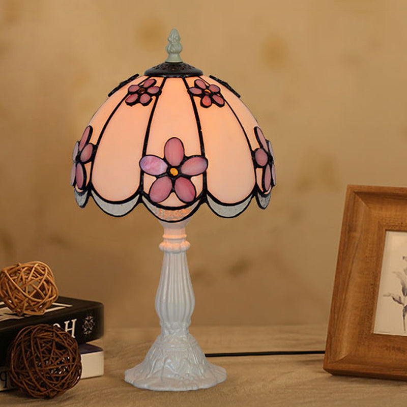 Scalloped-Trim Dome Table Lamp Tiffany Ice Clear Glass Single White/Coffee Night Light with Flower Pattern