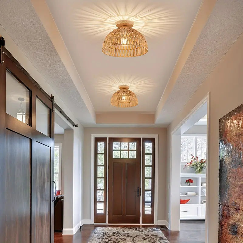 Boho Rattan Handwoven Ceiling Lamp with Wooden Base