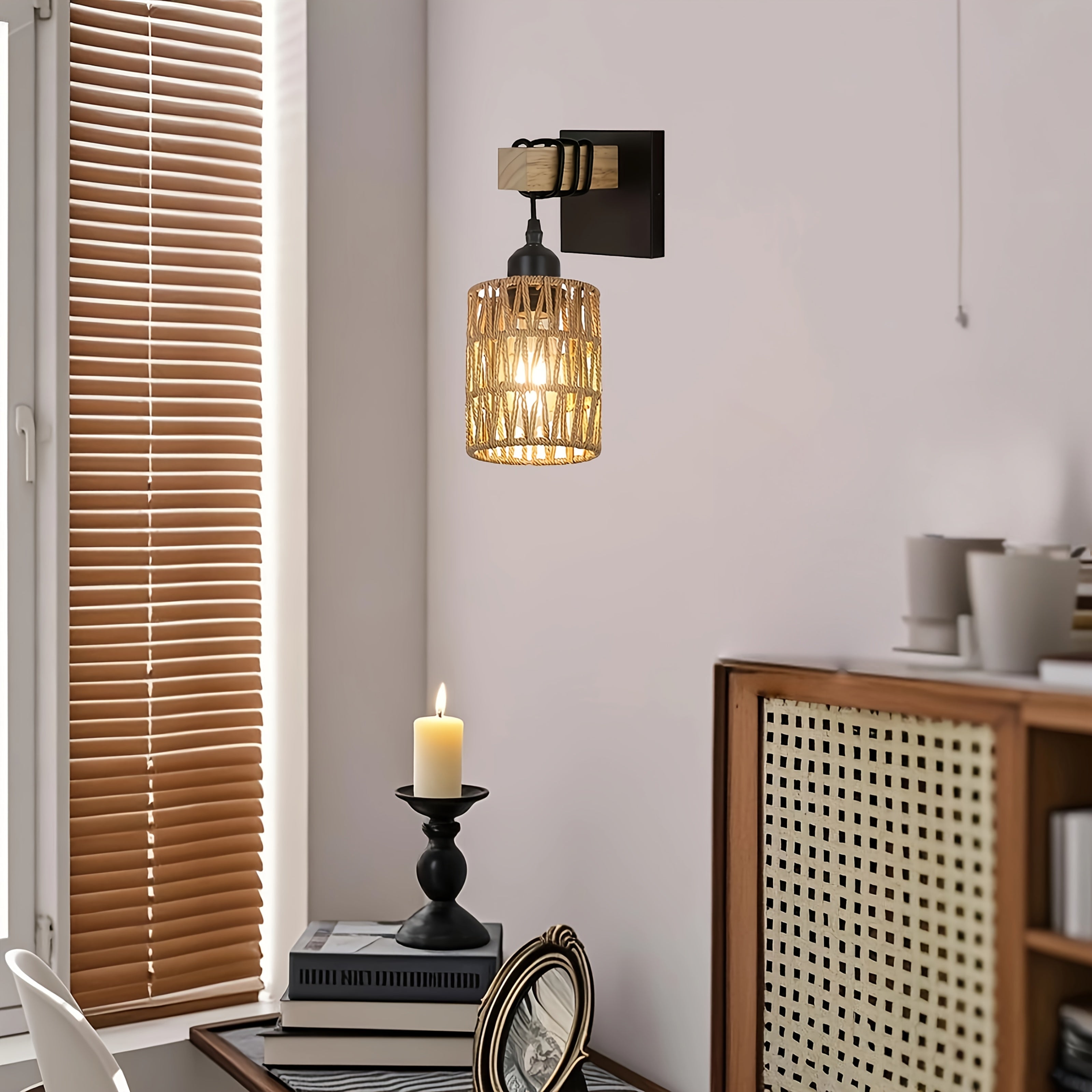 Boho Wall Lamp | Woven Rattan Wall Light for Bedroom