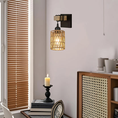 Boho Wall Lamp | Woven Rattan Wall Light for Bedroom