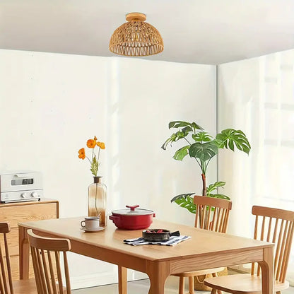 Boho Rattan Handwoven Ceiling Lamp with Wooden Base