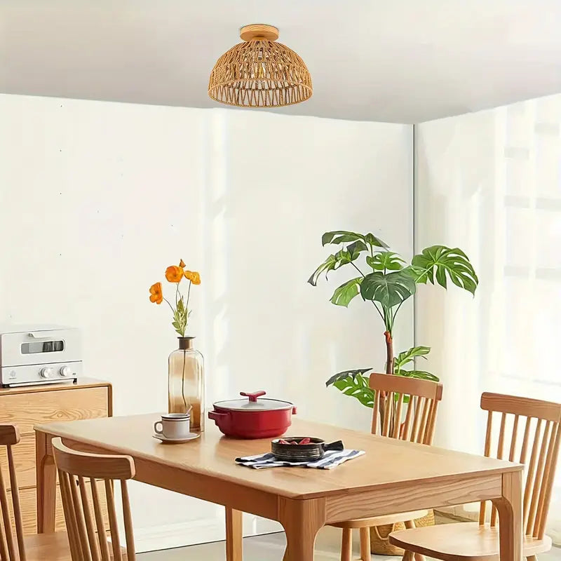 Boho Rattan Handwoven Ceiling Lamp with Wooden Base